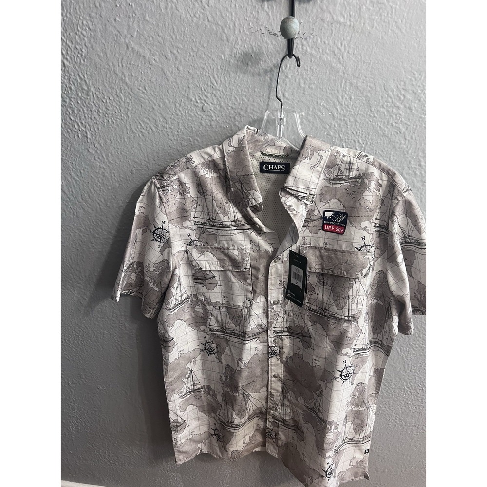 Chaps Mens Size Medium Short Sleeve Button Vented Fishing Shirt Printed